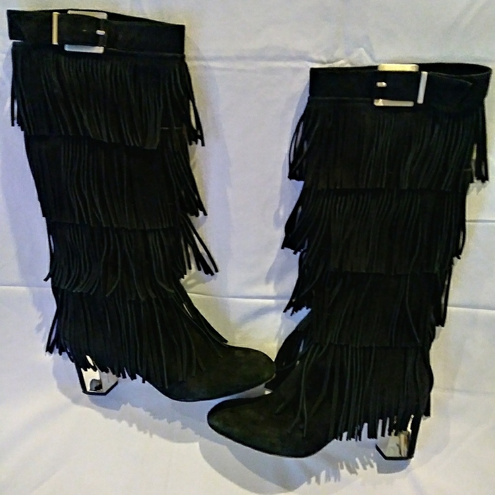Brian Atwood Palazzo Suede Fringe Boots 9.5